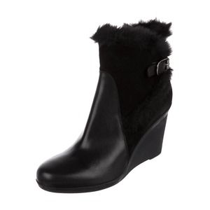 Aquatalia Natalie Black Ankle Wedge Heel Boot Leather Suede Faux Fur Rou…